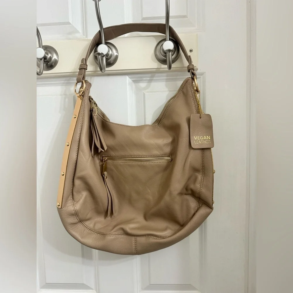 MMS Taupe Vegan Leather Hobo Shoulder Bag | Gold Hardware | Tassel Zip